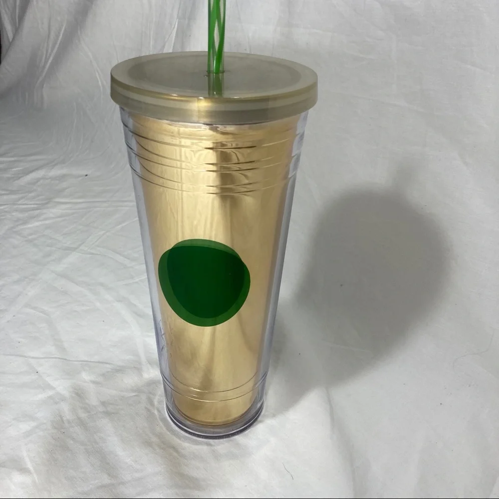 Starbucks Gold/Green Dot Acrylic Insulated Tumbler Travel Cup - Picture 2 of 6
